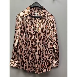 Chico's Blouse Womens size‎ 1 Small pink animal print shiny button front Shirt